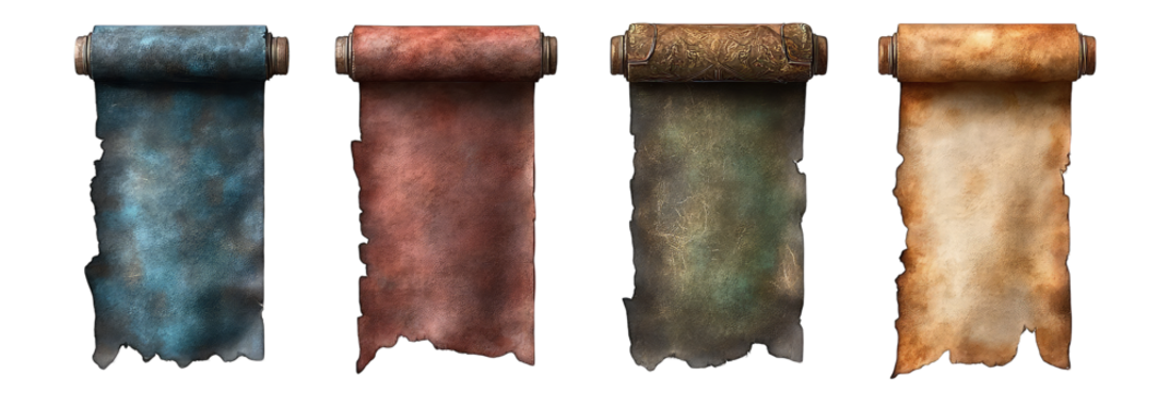 Collection of colors parchment paper, Vintage open parchment scroll isolated on transparent background