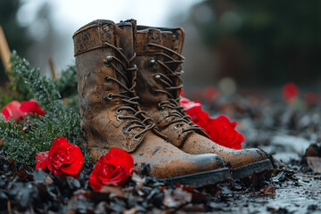 boots left by a veteran as part of a remembrance ritual.