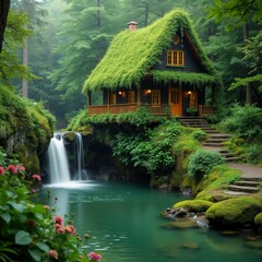 Obraz premium waterfall with the cottage in the forest
