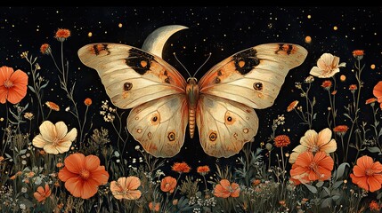 A boho butterfly and moon with flowers and herbs set against a black background evoke mystical, spiritual, and magical card designs.