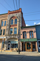 Historic buildings at sunset in downtown Ellenville, upstate New York, Sullivan County, Hudson Valley.