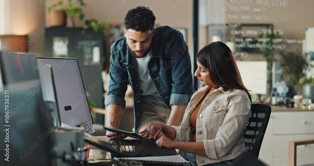 Poster people, tech and advice in office for web design, planning and webpage layout discussion. man, woman