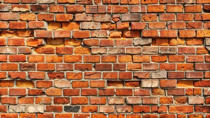Naklejka premium Seamless texture of weathered red brick wall with chips, cracks, and crooked stonework, old, wall, red bricks, texture