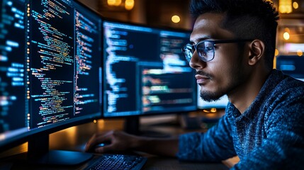A software developer deeply focused on coding, surrounded by multiple screens and modern office tech, with code reflecting in their glasses