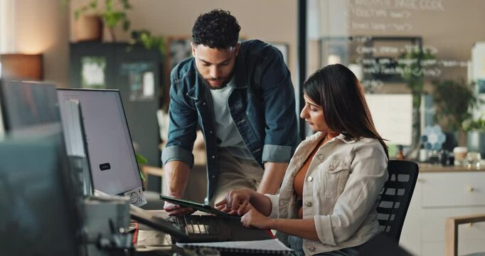 People, tech and advice in office for web design, planning and webpage layout discussion. Man, woman or tablet in digital agency for feedback, brainstorming or software development at computer screen