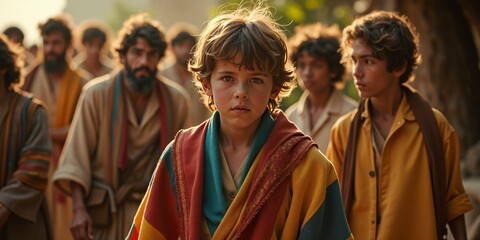Bible story, Joseph&rsquo;s Coat of Many Colors, Young Joseph wearing a vibrant, multi-colored coat, with jealous brothers in the background.