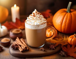 Warm Pumpkin Spice Latte in Rustic Setting