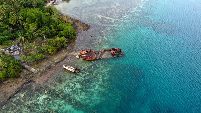 Drone shot of Shipwreck in Chuuk Lagoon, Micronesia