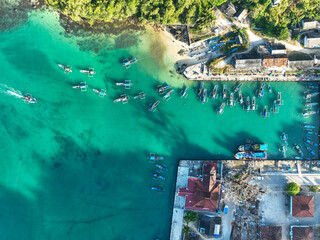 Drone view of fisherman boat in traditional port