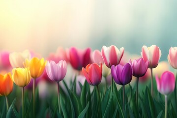 A vibrant display of colorful tulips blooms in a soft-focus background, capturing the essence of spring and natural beauty.