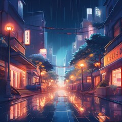 Anime-style city at night with glowing streetlights and rain-soaked streets, capturing a moody, atmospheric urban scene
