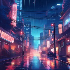 Anime-style city at night with glowing streetlights and rain-soaked streets, capturing a moody, atmospheric urban scene