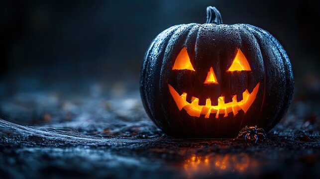 A carved pumpkin with a scary smile, set in a spider web, creates a spooky vibe on a dark background, perfect for Halloween greeting cards or posters with space for text.