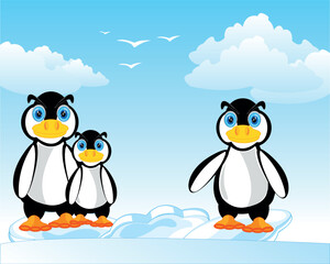 Cartoon animal penguin on block of ice in ocean