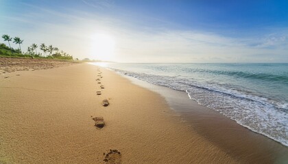 Footprints on the beach sand in the morning