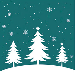 Obraz premium A simple vector illustration depicting white snow falling on pine trees, set against a dark teal background with white stars and snowflakes.