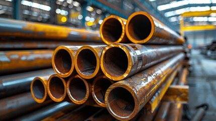 Group of Rusty Steel Pipes Stacked in Factory. Collection of rust-colored steel pipes organized in a manufacturing facility, representing industrial metalworking and raw material supply.
