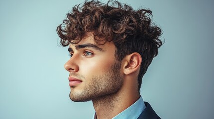Obraz premium Handsome Young Man with Curly Hair and Blue Eyes Looking Away