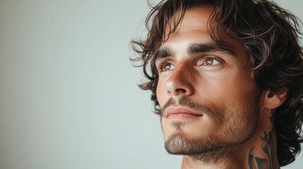Fototapeta premium Handsome Young Man with Wavy Hair Looking Up and Smiling