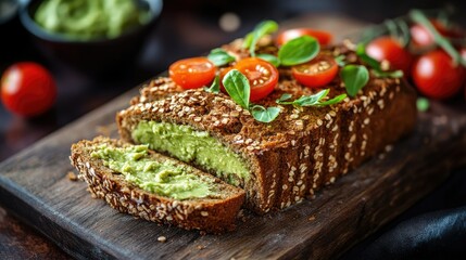 A freshly baked gluten-free loaf sliced and served with avocado spread and cherry tomatoes on a natural wooden cutting board.