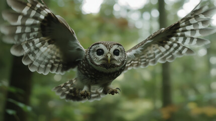 Fototapeta premium a stunning capture of a barred owl in flight with wings spread wide