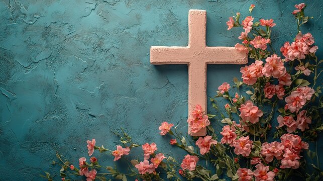A Christian cross with flowers on a blue background, symbolizing Easter’s message of renewal and life.