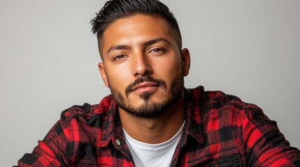Fototapeta premium Confident Man in Red and Black Plaid Shirt Portrait