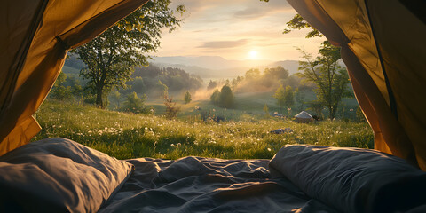Beautiful natural scenery looking out of a tent at sunrise/sunset with sleeping bags on the ground. Wallpaper, outdoor sports, outdoors, poster, background, camping, lifestyle, forest, meadow