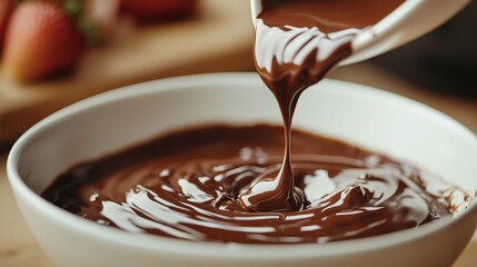 Decadent Chocolate Fondue: A close-up shot of rich, velvety chocolate being poured into a white bowl, creating a mesmerizing cascade of indulgence.