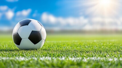 Fototapeta premium Vibrant blue sky meets lush green soccer field, a soccer ball awaits the game soccer