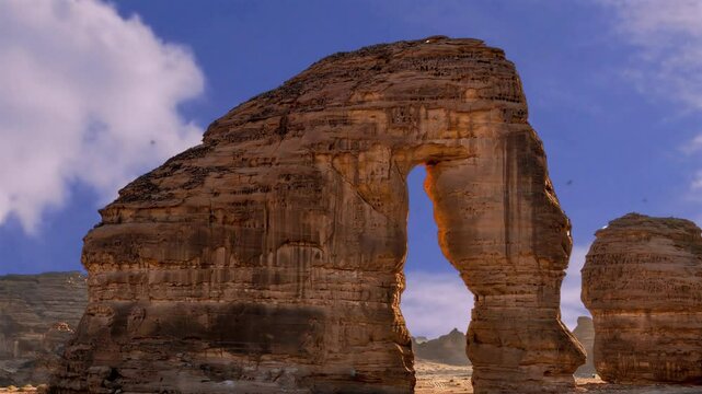 Elephant Rock in Al Ula, Madinah, near Madain Saleh, Saudi Arabia (KSA) Saudi Arabia. Unesco World Heritage site, a landscape of sand, rocks, canyon and and tombs. Near to Hegra and main tourist site