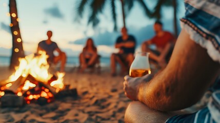 Beach Bonfire Gathering: A group of friends gather around a crackling beach bonfire, their silhouettes illuminated by the dancing flames as they enjoy a relaxing evening under the stars.  