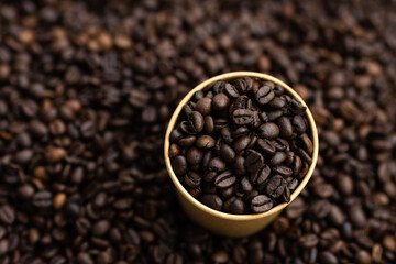 Macrophotography of roasted coffee beans.