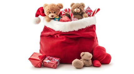 Classic Santa Claus sack overflowing with toys and gifts, including a teddy bear and candy cane, isolated on white