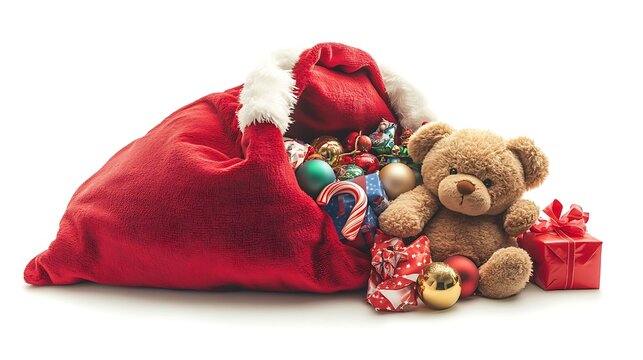 Classic Santa Claus sack overflowing with toys and gifts, including a teddy bear and candy cane, isolated on white