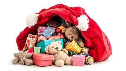 Large red Santa bag filled with various gift boxes and toys peeking out, set against a white background