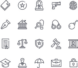 Set of outline icons themed around law, justice, and security. It includes symbols of legal documents, a judge, firearms, fingerprint identification, writing tools, a courthouse, detective tools ...