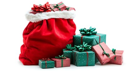 Santa's sack with presents in red and green wrapping paper and festive bows, isolated on white