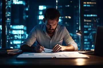 A statistician analyzing survey data, surrounded by charts and graphs, working late in a modern office