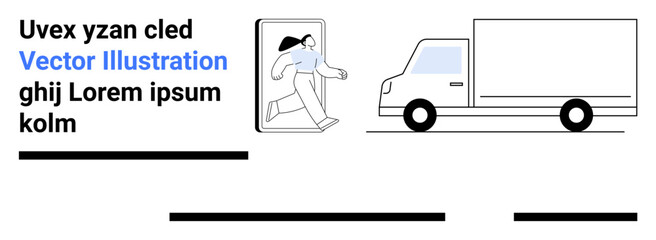 Woman stepping out of a smartphone alongside a delivery truck. Ideal for logistics, delivery services, mobile apps, transportation, marketing campaigns, startup pitches, and technology concepts