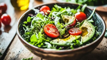 A salad bowl with leafy greens, cherry tomatoes, and avocado slices, served with a drizzle of olive oil on a rustic table.