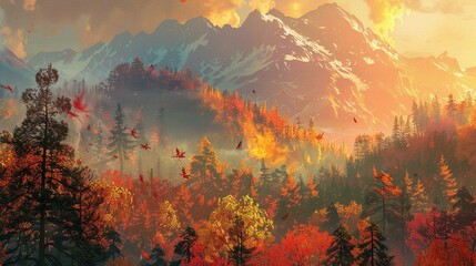 Autumn Splendor: Sunset Over a Mountain Forest
