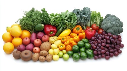 A vibrant rainbow of fruits and vegetables laid out in a grid pattern, emphasizing variety and health on a white background.