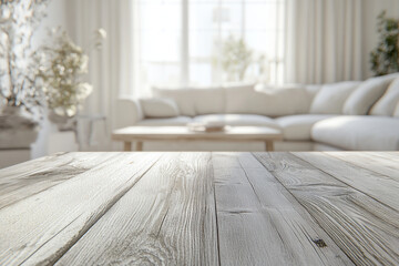 beautifully designed living room with cozy atmosphere, featuring wooden table in foreground and soft, inviting sofa in background. natural light enhances warm tones of space, creating serene