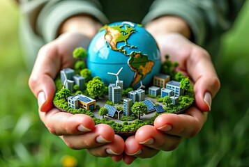 Miniature earth with sustainable cityscape, symbolize ecology , sustainability and future friendly living 