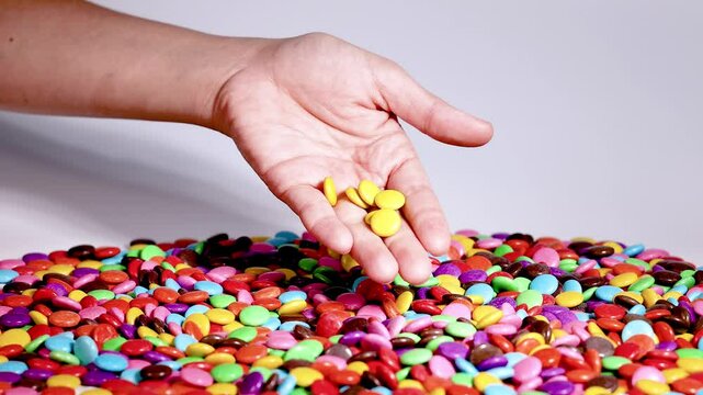 Hand Sorting Colorful Candy Pieces