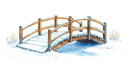 playful watercolor style wintery wooden bridge over snowy landscape, showcasing beauty of winter. bridge is adorned with snow, creating serene and picturesque scene