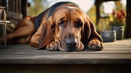 A heartwarming portrait of a bloodhound resting on a cozy, rustic porch with a backdrop of a peaceful countryside, showcasing its gentle and loyal nature. 