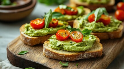 Freshly baked gluten-free bread slices topped with creamy avocado spread, cherry tomatoes, and herbs, arranged beautifully on a rustic wooden board.