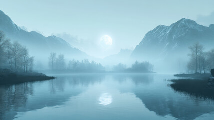 serene lake surrounded by misty mountains reflects soft glow of moonlight, creating tranquil and peaceful atmosphere. stillness of water enhances beauty of landscape